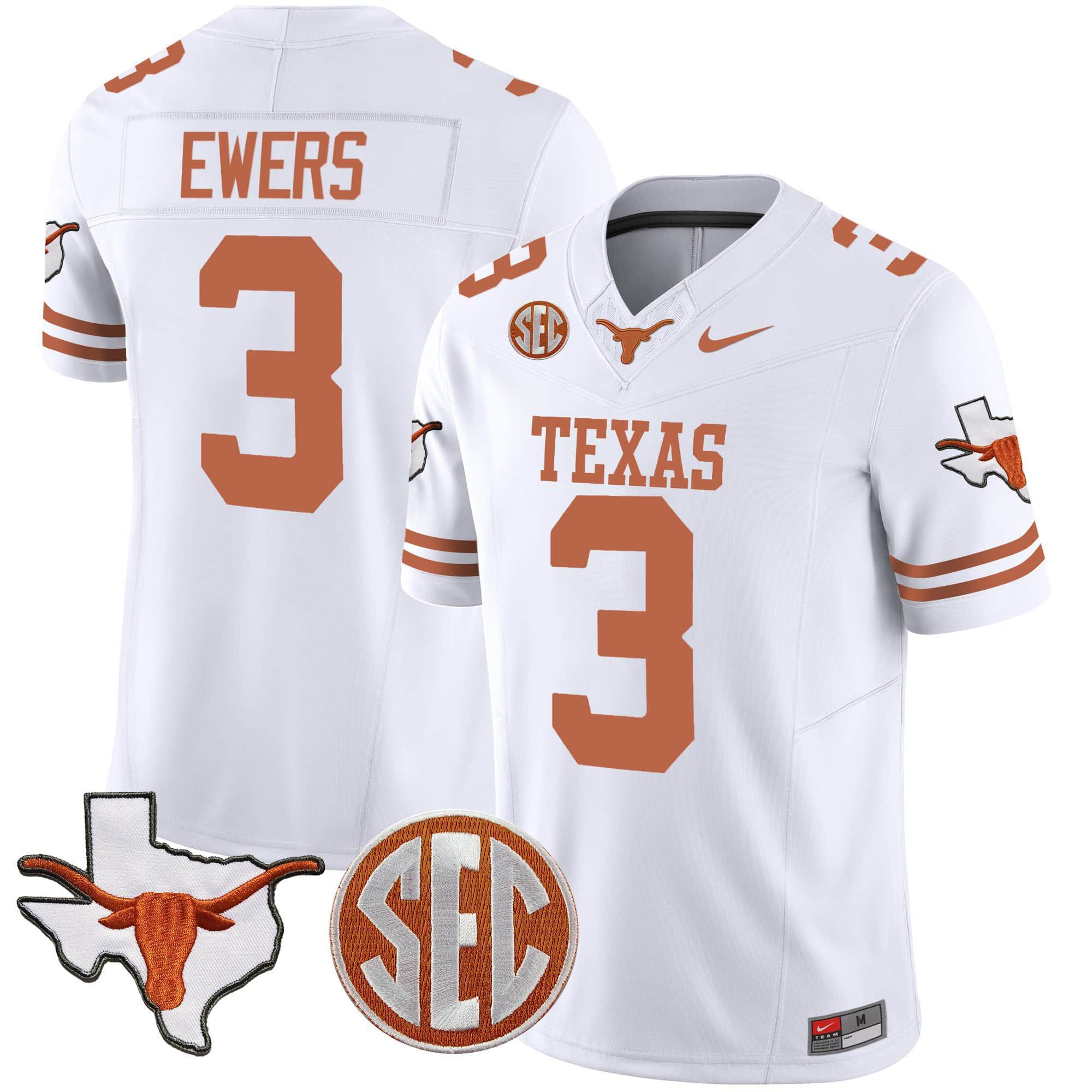 Men Texas Longhorns 3 Ewers White 2024 Nike State Map & SEC Patch Vapor NCAA Jersey